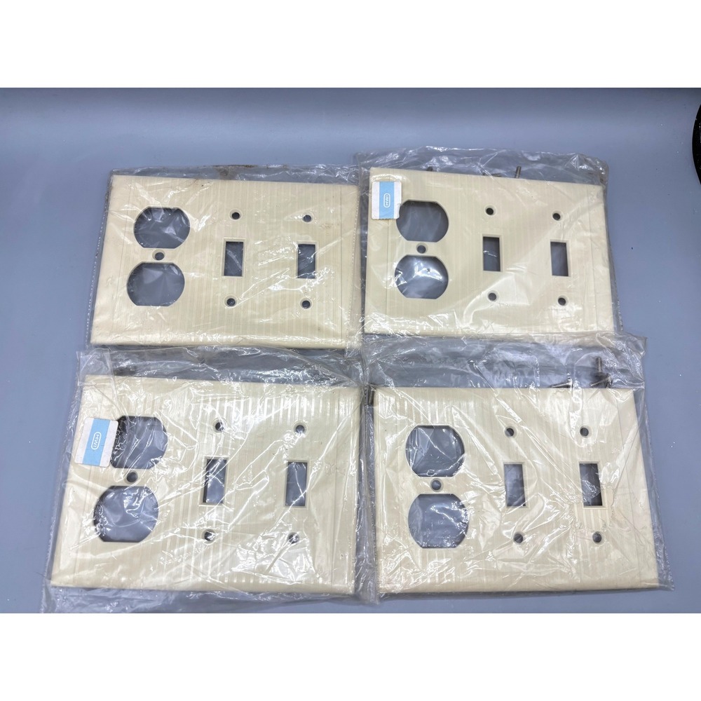 4 Pc Vtg Reliance USA Almond Beige Ribbed Outlet‎ Double Switch Plate Cover